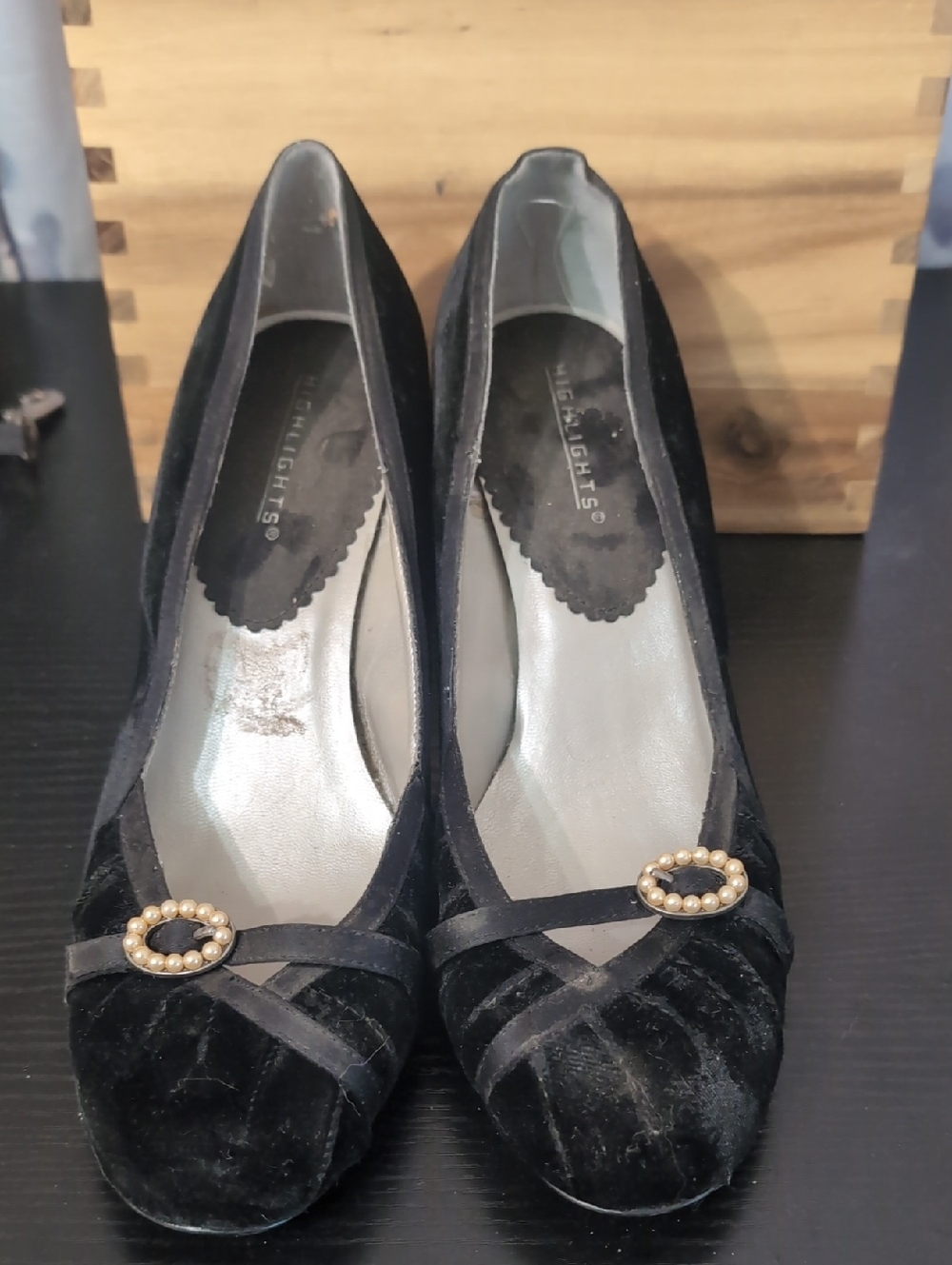 Black Velvet Women's Heels with Pearl-Trim Buckle